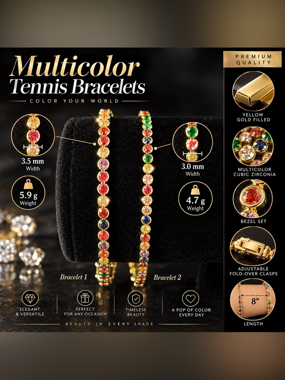 2 Yellow Gold Multicolor CZ Tennis Style Bracelets 8in. - Picture 3 of 15